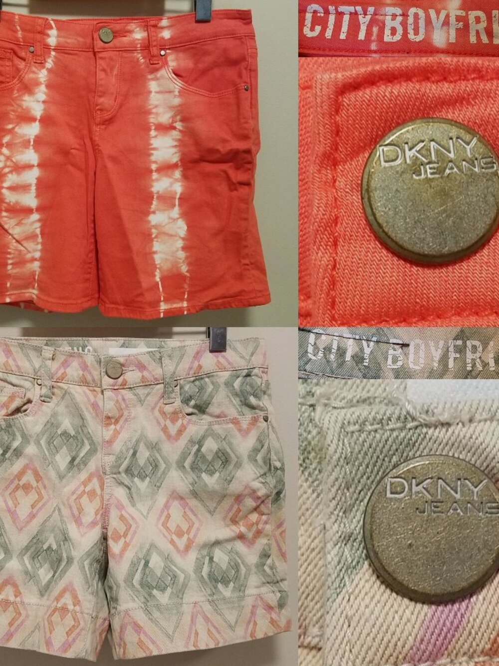 DKNY Jeans City Boyfriend Shorts Tie Dye Orange Green Diamond Argyle Size 4